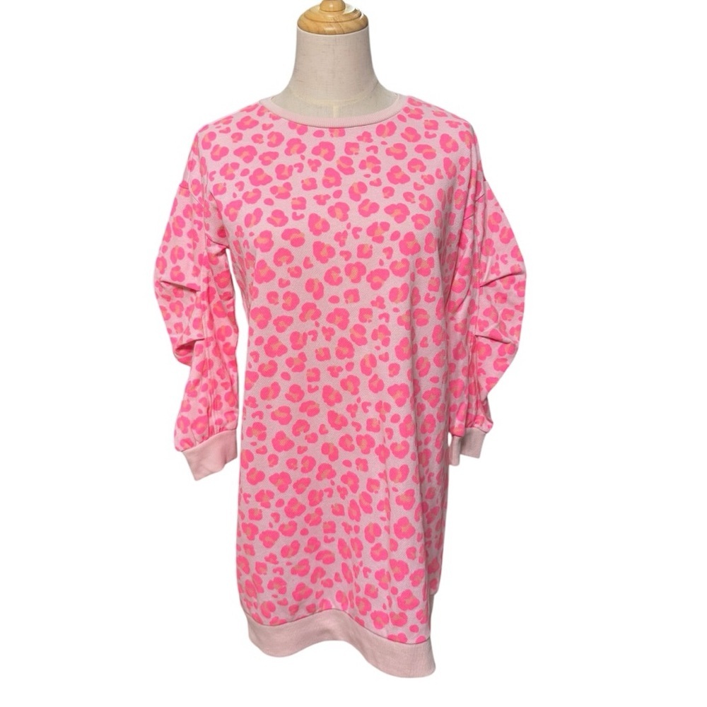Cabana by Crown & Ivy Pink Leopard Print Sweatshirt Dress Women’s Large NWT